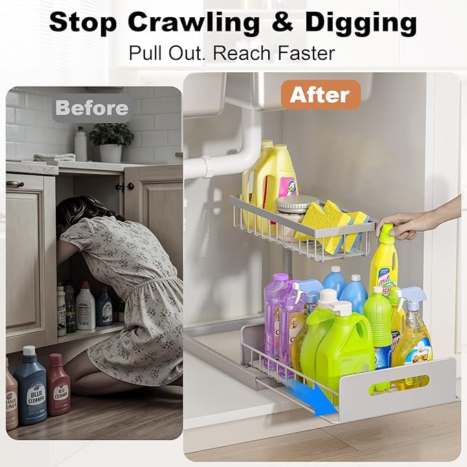 REALINN Under Sink Organizer, Pull Out Cabinet Organizer 2 Tier Slide Out Sink Shelf Cabinet Storage Shelves, Storage for Kitchen Bathroom, Grey, 2 Pack - Image 4
