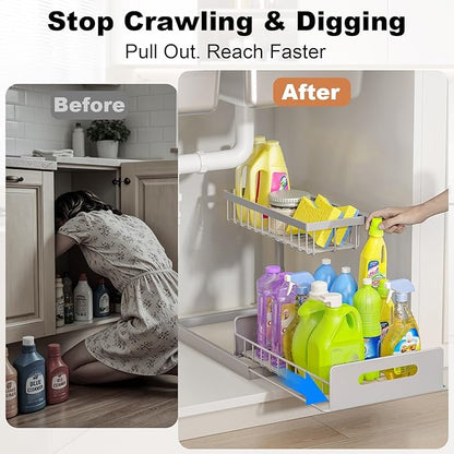 REALINN Under Sink Organizer, Pull Out Cabinet Organizer 2 Tier Slide Out Sink Shelf Cabinet Storage Shelves, Storage for Kitchen Bathroom, Grey, 2 Pack - Image 4