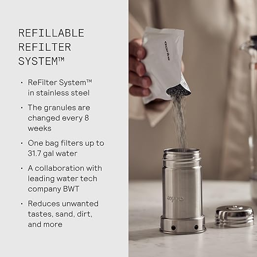 Aarke Purifier Large Glass Pitcher Bundle w/Steel Filter, BPA-Free, 3 Enriched + 1 Pure Granules, 2.8L Pitcher with 1.66L Filtration Capacity - Image 3