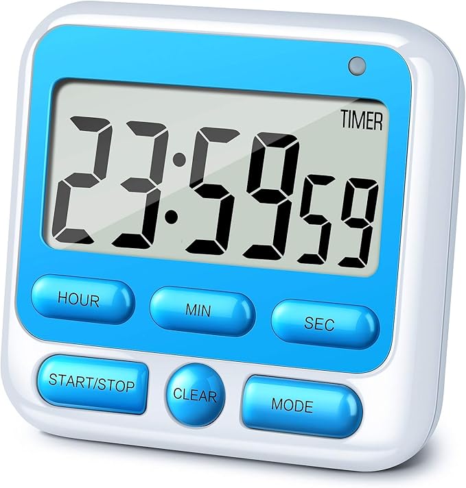 KTKUDY Digital Kitchen Timer with Mute/Loud Alarm Switch ON/Off Switch, 12-Hour Clock & Alarm, Memory Function Count Up & Count Down for Kids Teachers Cooking, Large LCD Display, Strong Magnet (Blue) by KTKUDY