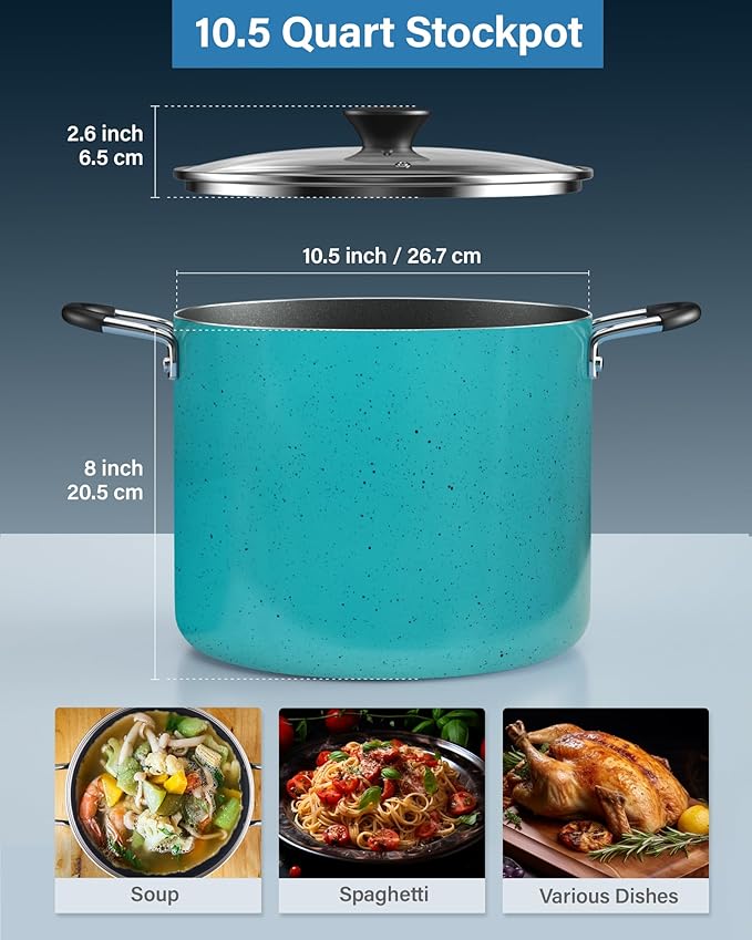 Cook N Home Nonstick Stockpot with Lid 10.5-Qt, Professional Deep Cooking Pot Cookware Canning Stock Pot with Glass Lid, Turquoise - Image 2
