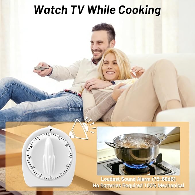 Kitchen Timers for Cooking,60 Minute Wind Up Timer,Visual Mechanical Timer,with Loud Alarm,No Batteries Required,Manual Countdown Timers for Classroom, Home, Study and Cooking (White)