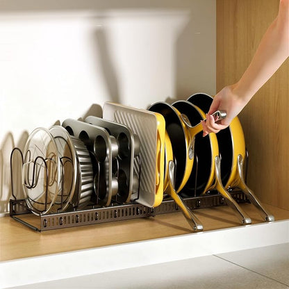 ORDORA Pots and Pans Organizer under Cabinet with Pan Holder: Expandable 11.8"-22.8" Kitchen Cabinet Organizer Rack, 12 Adjustable Dividers Storage for Cookie Sheets, Cutting Boards & Lid, Bronze - Image 8