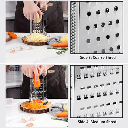 Box Grater, Cheese Grater Shredder Stainless Steel with 6 Sides, Best for Parmesan Cheese, Vegetables, Potatoes, Carrot, Ginger, Mandoline Vegetable Slicer with Detachable Container, Silver