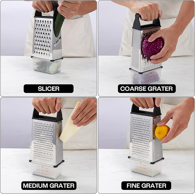 Professional Box Cheese Grater with Container & Handle – Durable Stainless Steel Cheese Shredder for Kitchen, Multi-Sided Food Chopper for Kitchen Use – Black - Image 4
