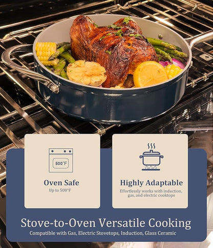 CookinCraze Stock Pot 4.5QT Nonstick Ceramic Dutch Oven Pot with Lid (9.5"x 4") Non-Toxic PFAS-Free Even Heat Distribution, for Braising, Baking Bread & Soups, Compatible for All Cooktops(Induction/Gas/Electric) Oven Safe to 500°F, Navy Blue