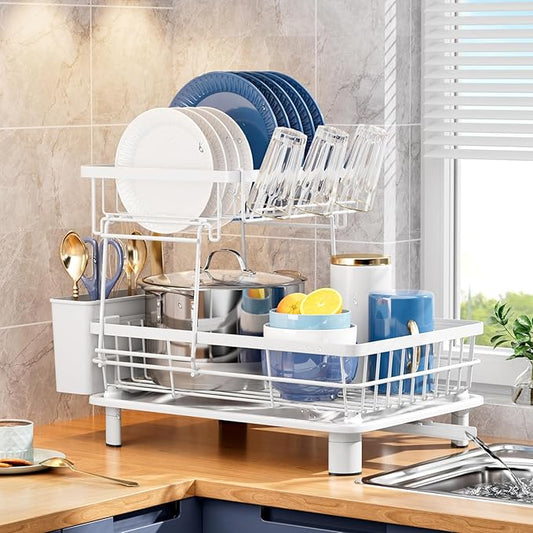 GAOKASE Dish Drying Rack, Stainless Steel-Dish Rack, Dish Racks for Kitchen Counter, Kitchen Dish Drainers with Removable Utensil Holder,New Drain Outlet,Plate Rack and Drainboard (White 3) by GAOKASE