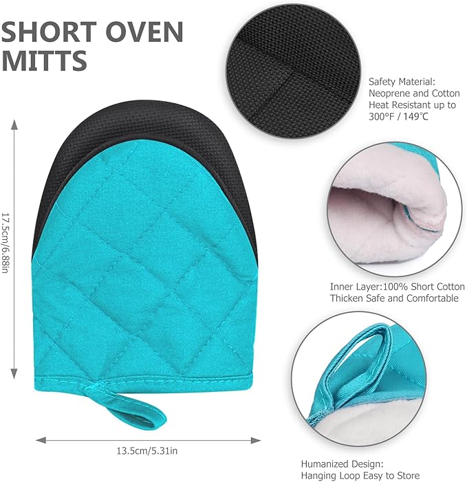 1 Pair Short Oven Mitts - Silicone Kitchen Oven Gloves High Heat Resistant 500℉, Mini Oven Mits with Non-Slip Grip Surfaces and Hanging Loop for BBQ, Baking, Cooking and Grilling (Coral Blue) - Image 3