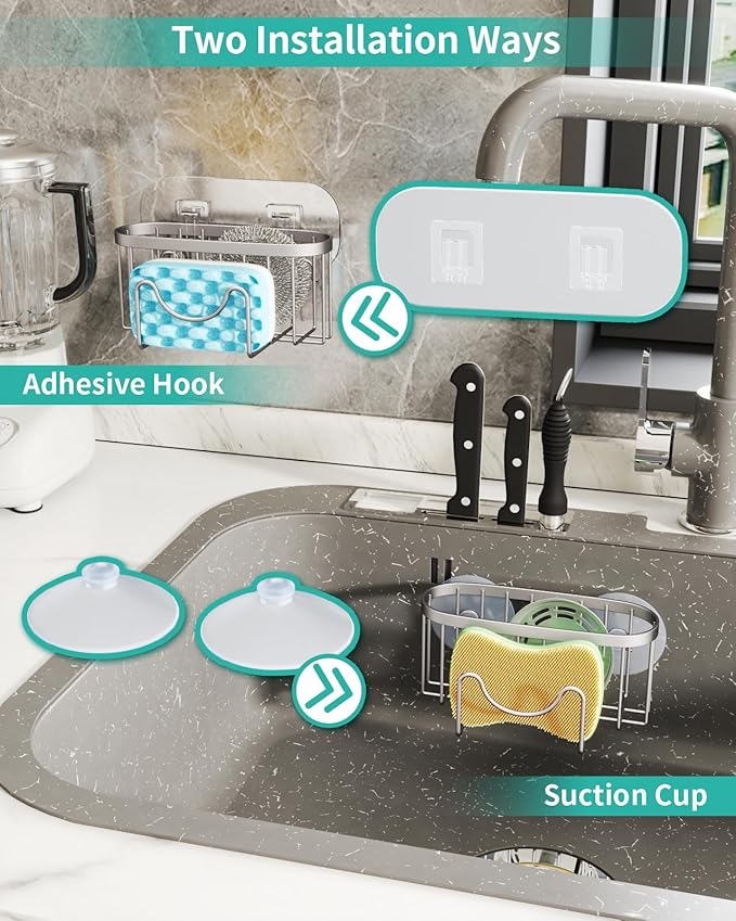 HapiRm Multifunctional Kitchen Sponge Holder with Unique M-Shaped, 2 Installation Ways Sink Caddy, Stainless Steel Kitchen Organizer for Sponge, Brush, Sink Stopper and Scraper -Brushed Nickel - Image 3