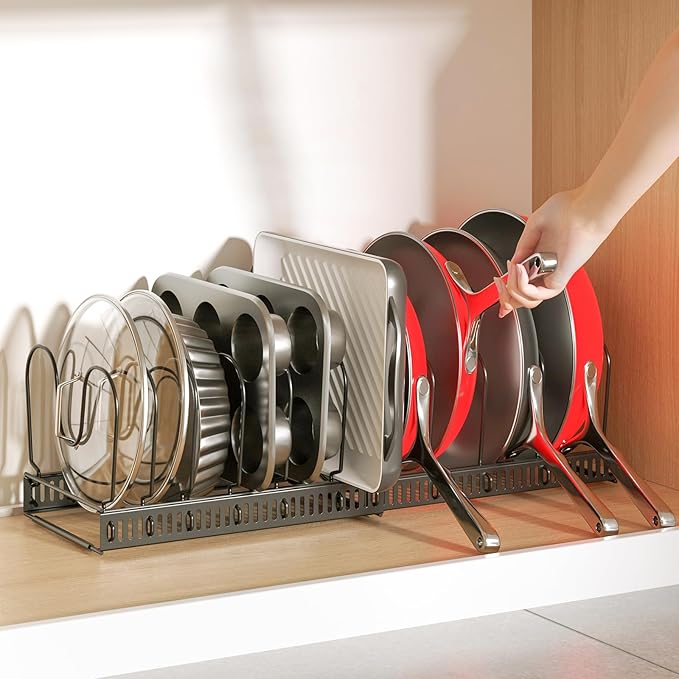 ORDORA Pots and Pans Organizer under Cabinet, Expandable 11.8"-22.8" Pot Lid Holder with 12 Adjustable Dividers, Pan Organizers inside Cabinet for Kitchen Cookware Bakeware, Black - Image 9