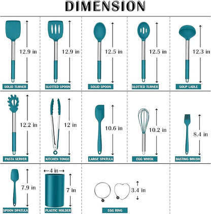 Silicone Cooking Utensils Set, E-far 14-Piece Blue Kitchen Utensils Set with Holder, Kitchen Tools Spatulas with Stainless Steel Handle for Non-stick Cookware, Heat Resistant & Dishwasher safe - Image 2