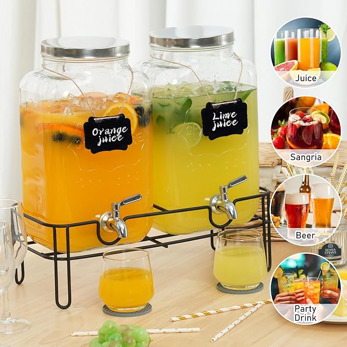 Moretoes 2 Gallon Glass Drinks Dispenser for Parties, 2 PACK Beverage Dispenser with Stand for Juice and Iced Tea, Water Jug Dispenser for Lemonade, Party Essential Beverage Pitcher with Spout - Image 6