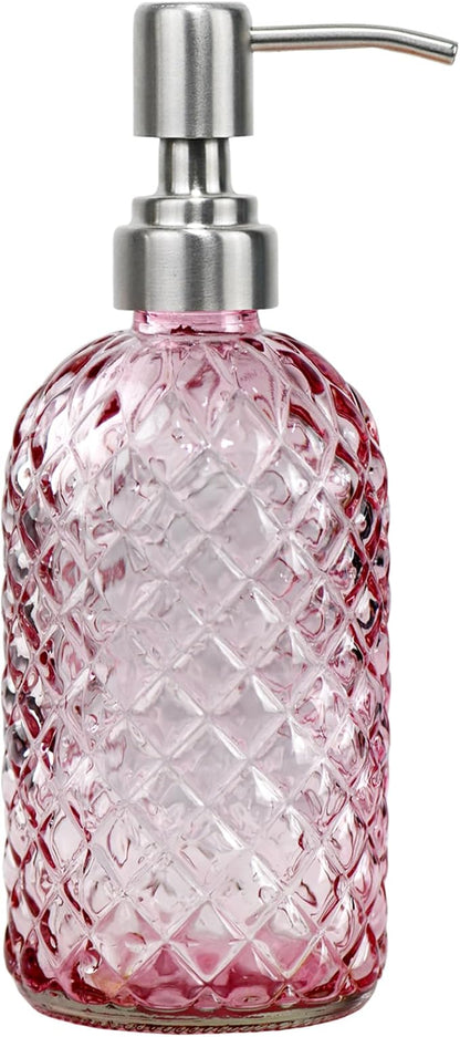 16 oz Soap Dispenser with 304 Rustproof Stainless Steel Pump, Kitchen, Bathroom Refillable Glass Liquid Soap Dispenser for Hand Soap, Soap, Lotion. (Pink) by SDlumeiy