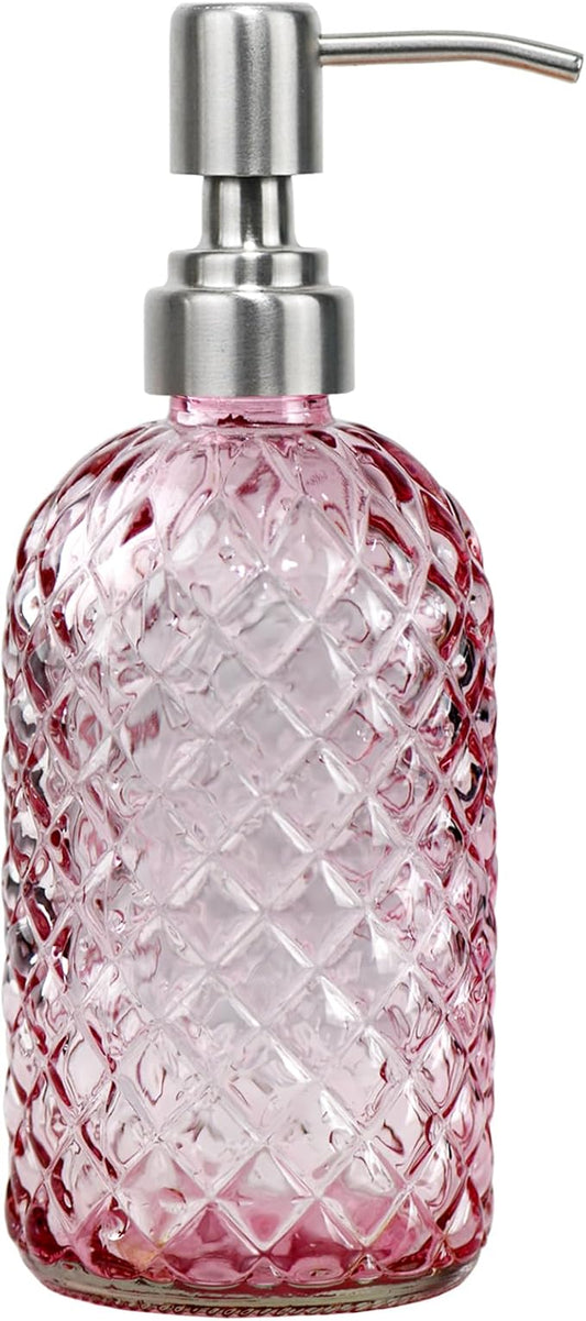 16 oz Soap Dispenser with 304 Rustproof Stainless Steel Pump, Kitchen, Bathroom Refillable Glass Liquid Soap Dispenser for Hand Soap, Soap, Lotion. (Pink) by SDlumeiy