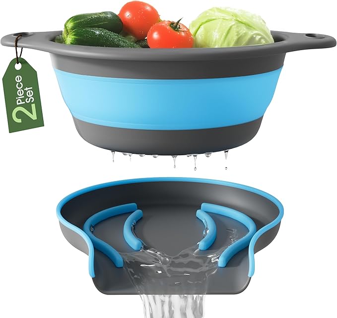 Gevoli Strainer with Self-Draining Base (5QT) Over-Sink Collapsible Kitchen Colander Set with Side-drain Base for Pasta Vegetables and Fruit, XL Large Capacity, Dishwasher Safe (5-Quart) Blue/Gray by Gevoli