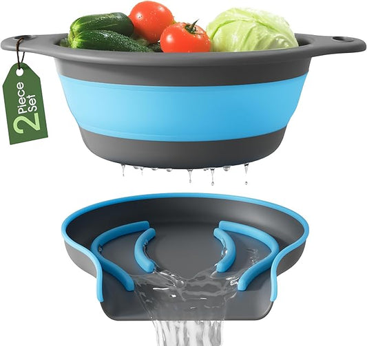Gevoli Strainer with Self-Draining Base (5QT) Over-Sink Collapsible Kitchen Colander Set with Side-drain Base for Pasta Vegetables and Fruit, XL Large Capacity, Dishwasher Safe (5-Quart) Blue/Gray by Gevoli