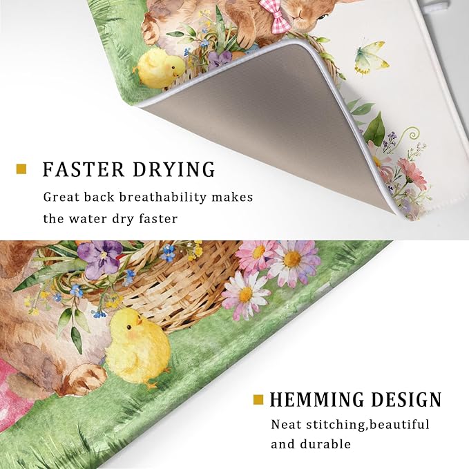 Easter Rabbit Eggs Dish Drying Mat for Kitchen Counter 18x24 Inch Spring Flowers Large Microfiber Dish Drainer Rack Mats - Image 3