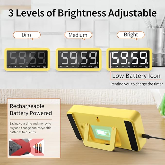 VOCOO Digital Kitchen Timer with 7.8” Extra Large Display, Magnetic, 3 Brightness, 4 Alarms and 3 Volume Levels, Battery Countdown Count Up Timer for Cooking, Classroom, Home Gym (Yellow) - Image 5