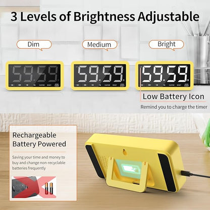 VOCOO Digital Kitchen Timer with 7.8” Extra Large Display, Magnetic, 3 Brightness, 4 Alarms and 3 Volume Levels, Battery Countdown Count Up Timer for Cooking, Classroom, Home Gym (Yellow) - Image 5