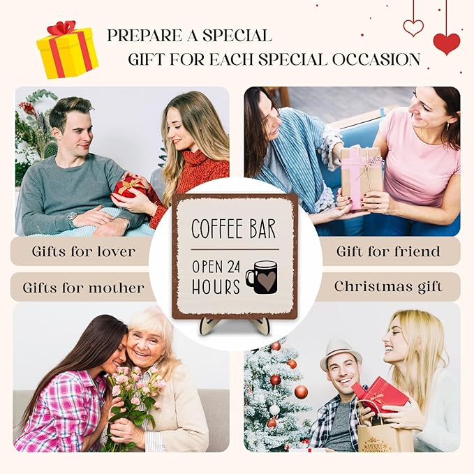 Coffee Bar Sign Plaque Decor,Coffee Bar Accessories,Rustic Wooden Tabletop Plaque with Stand, Minimalist Farmhouse Kitchen Counter Sign,Cute Mini Café Bar Decor Gift 5.9x5.9Inch - Image 5