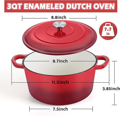 TeamFar 3qt Dutch Oven, Small Enameled Cast Iron Dutch Oven Pot with Lid, For Bread Baking/Stewing/Braising/Frying, Various Stoves & Oven Safe, Non-stick & Easy Clean, Red - Image 2