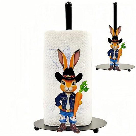 Cute Western Bunny Paper Towel Holder Countertop, Rustic Farmhouse Kitchen Decor, Funny Rabbit Paper Roll Holder, Freestanding Paper Towel Stand, Animal Decor for Kitchen and Bathroom(1 Pack)