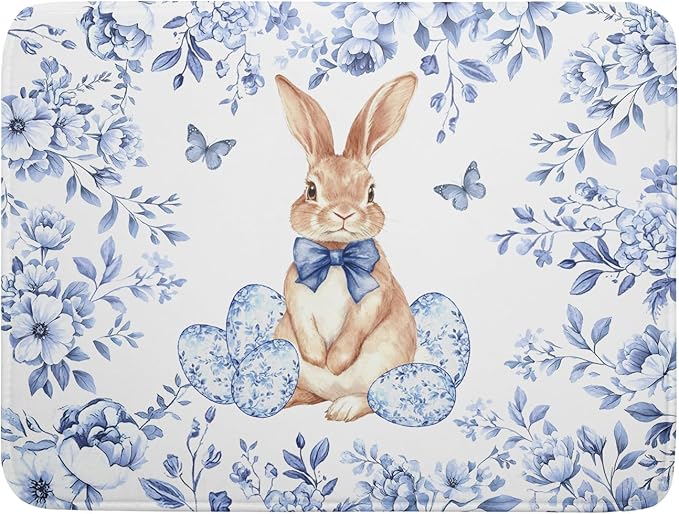 Easter Large Dish Drying Mat Blue Flower Rabbit Holiday Decorative Kitchen Countertop Mats 18x24 by Giwawa