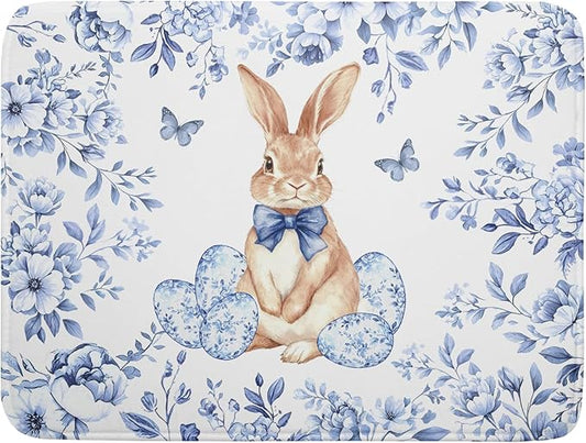 Easter Large Dish Drying Mat Blue Flower Rabbit Holiday Decorative Kitchen Countertop Mats 18x24 by Giwawa