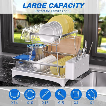 Godboat Dish Drying Rack, 2-Tier Dish Rack with Auto-Drain & Mat, 304 Stainless Steel Dish Racks for Kitchen Counter, Dish Drainer with Knife, Fork & Cup Rack, Gifts for Women, Mothers Day, Silver - Image 3