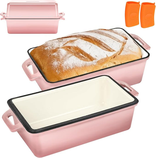 Wildone Enameled Cast Iron Bread Loaf Pan with Lid, 9x5 Sourdough Baking Pans for Homemade Bread, Cake, Meatloaf, Even Heating Bread Pans, 2-Piece Set, Pink