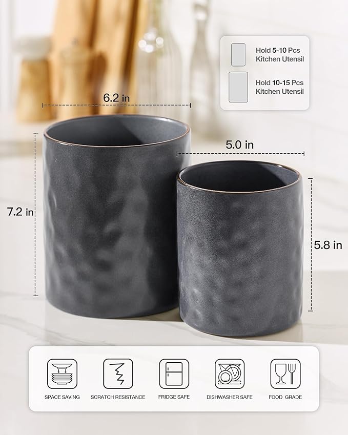 famiware Ocean Utensil Holder, 7.2"+5.8" Ceramic Kitchen Utensil Holder for Countertop, 2 Pieces Cooking Utensil Crocks, Utensil Organizer for Spatula & Spoon, Kitchen, Set of 2, Matte Dark Charcoal - Image 4