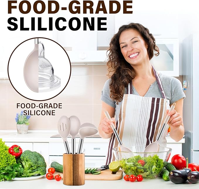 3Pcs Silicone Cooking Spoon Set, Kitchen Utensils Include Solid & Slotted Spoon, Soup Ladle, Food-Grade Heat Resistant 446°F, Non-Scratch Spoons for Serving, Stirring, Draining, Dishwasher Safe, Khaki - Image 6