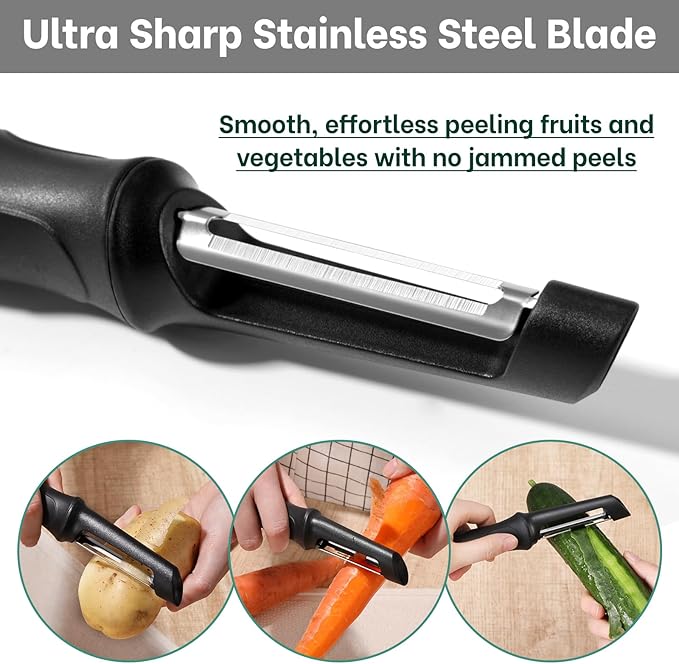 Beneno Swivel Vegetable Peeler, Razor-Sharp Smooth Peeling Potato Peelers with Stainless Steel Blades, Ergonomic Comfort Non-Slip Rubber Handle, Durable Kitchen Peelers with Potato Eye Remover, Black - Image 4