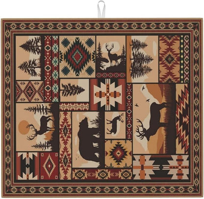 Western Wildlife Geometric Dish Drying Mat for Kitchen Counter, 16" x 18" Absorbent Microfiber Foldable Drying Pad for Dishes, Absorption, Washable, Decorative Rustic Kitchen Mat for Sink, Home Decor