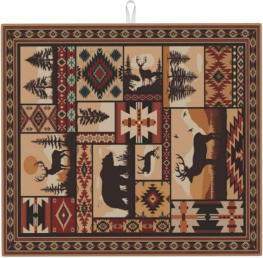 Western Wildlife Geometric Dish Drying Mat for Kitchen Counter, 16" x 18" Absorbent Microfiber Foldable Drying Pad for Dishes, Absorption, Washable, Decorative Rustic Kitchen Mat for Sink, Home Decor