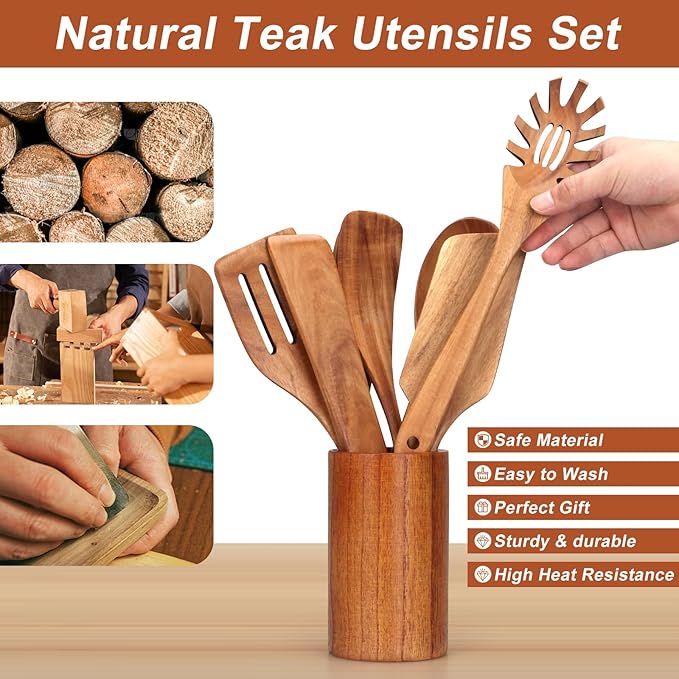 9 Pcs Wooden Spoons for Cooking Utensils with Utensil Holder Teak Wood Kitchen Utensils Set Flat Wooden Spatula Cooking Mixing Spoons Spaghetti Spoon Slotted Turner Scraper Spatula Large Utensils - Image 7