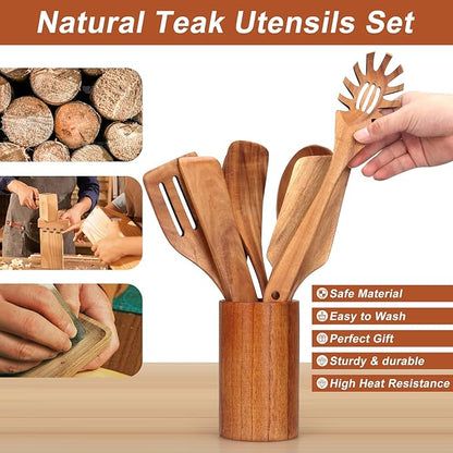 9 Pcs Wooden Spoons for Cooking Utensils with Utensil Holder Teak Wood Kitchen Utensils Set Flat Wooden Spatula Cooking Mixing Spoons Spaghetti Spoon Slotted Turner Scraper Spatula Large Utensils - Image 7