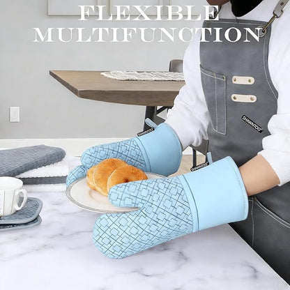 Oven Mitts and Pot Holders Sets 6pcs, Kitchen Oven Glove,High Heat Resistant 550 Degree Extra Long Oven Mitts and Potholders with Non-Slip Silicone Surface for Home Essentials (Grey) (Fog Blue) - Image 4