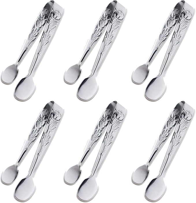 6PCS Mini Serving Tongs, 4Inch Rose Stainless Steel Sugar Cube Tongs, Sliver Small Ice Tong for Tea and Coffee Party, Appetizers, Desserts by Sunenlyst (6PCS Silver) by Sunenlyst