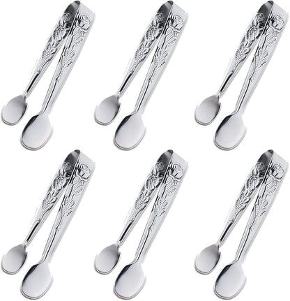 6PCS Mini Serving Tongs, 4Inch Rose Stainless Steel Sugar Cube Tongs, Sliver Small Ice Tong for Tea and Coffee Party, Appetizers, Desserts by Sunenlyst (6PCS Silver) by Sunenlyst