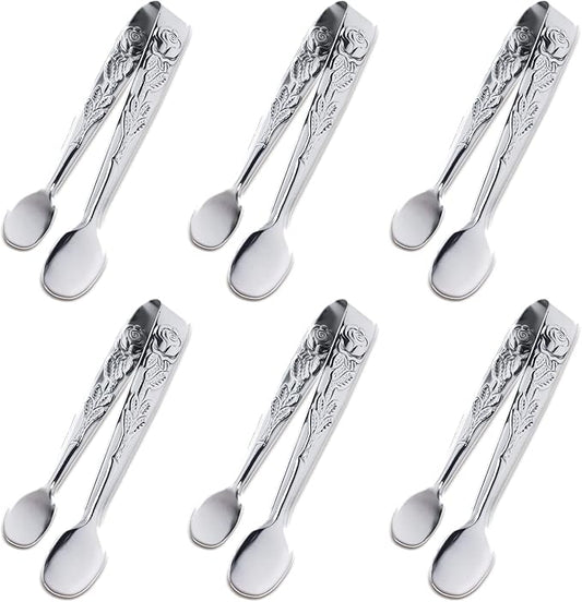 6PCS Mini Serving Tongs, 4Inch Rose Stainless Steel Sugar Cube Tongs, Sliver Small Ice Tong for Tea and Coffee Party, Appetizers, Desserts by Sunenlyst (6PCS Silver) by Sunenlyst