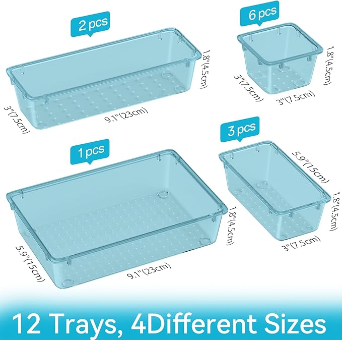 ElegantArray 12-Piece Drawer Organizer Set, 4 Sizes Versatile Plastic Vanity Organizer for Makeup, Stationery, Gadgets, in Kitchen, Bathroom, Office, and Bedroom, Sea Blue - Image 2