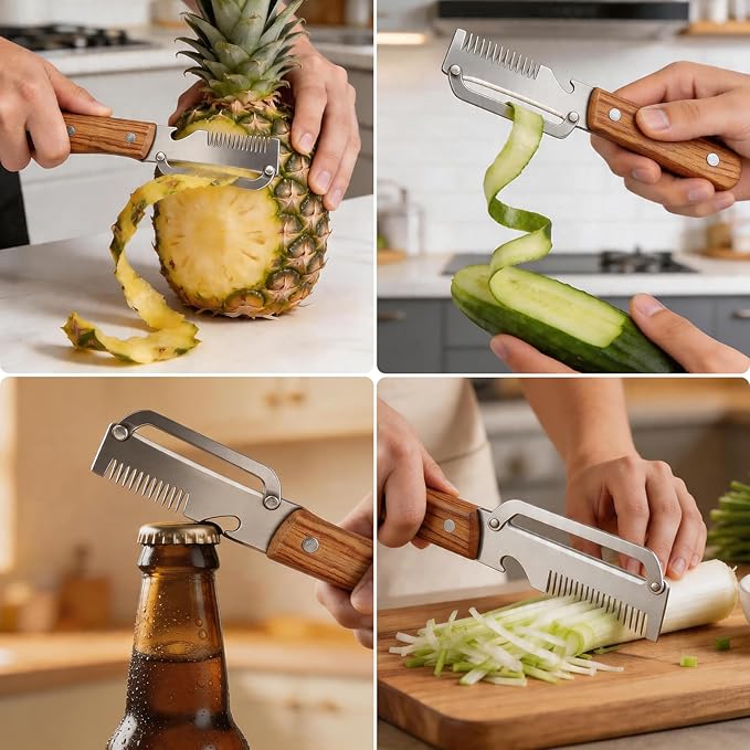 Multifunctional Vegetable Peeler, 3 in 1 Potato Peeler with Wooden Handle, Green Onion Slicer with Bottle Opener Kitchen Tool for Peeling Veggie Fruit Pineapple Pumpkin Papaya Carrrot(2 Pack) - Image 5