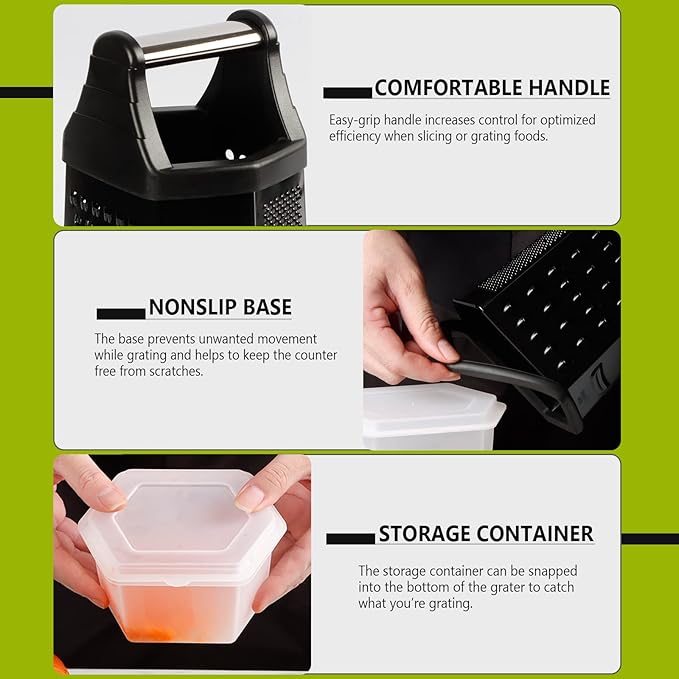 Box Grater, Cheese Grater Shredder Stainless Steel with 6 Sides, Best for Parmesan Cheese, Vegetables, Potatoes, Carrot, Ginger, Mandoline Vegetable Slicer with Detachable Container, Black