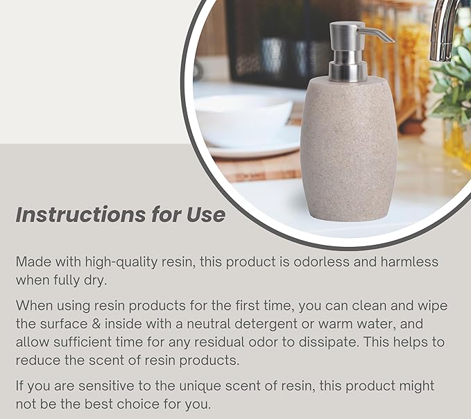 Clasin Home Sandstone Textured Resin Soap Dispenser with Metallic Pump and Waterproof Bottle Labels for Bathroom Kitchen Dish Hand Wash Shower Lotion Shampoo, 12 Oz, Beige