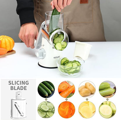 Cambom Rotary Cheese Grater Hand Crank Cheese Shredder for Fresh Cheese, Vegetable, Nuts,Non-slip Suction Base, Free Cleaning Brush Three Blades, White - Image 2
