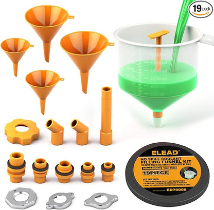 ELEAD No-Spill Coolant Funnel Kit - 19-Piece Radiator Funnel burping kit, coolant Bleeder kit, Extra Funnels and Adapters for Universal Vehicle by ELEAD
