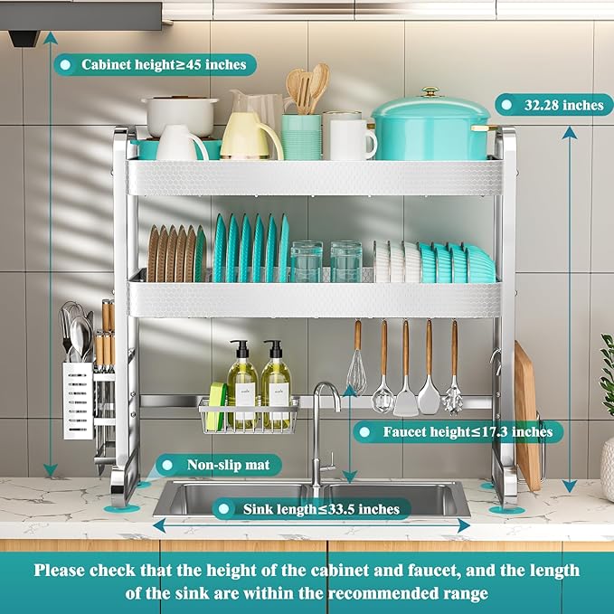 HOWDIA 3-Tier Over The Sink Dish Drying Rack, 304 Stainless Steel Dish Rack with Honeycomb Design, Cutlery Holder & Chopping Board Rack, 33.86” x 11.81” x 33.07” for Maximum Kitchen Storage - Image 2