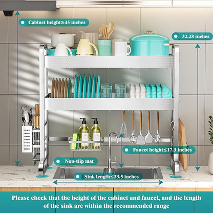 HOWDIA 3-Tier Over The Sink Dish Drying Rack, 304 Stainless Steel Dish Rack with Honeycomb Design, Cutlery Holder & Chopping Board Rack, 33.86” x 11.81” x 33.07” for Maximum Kitchen Storage - Image 2