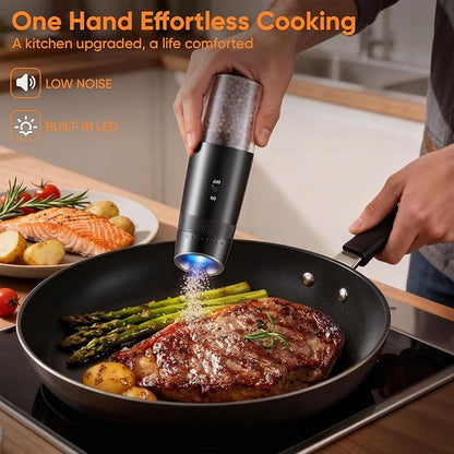 Gravity Electric Salt and Pepper Grinder Set Rechargeable with Charging Base, Automatic Shakers Pepper Mill, Large Capacity, 6-Level External Adjustable Coarseness, LED Light, Kitchen Gadgets